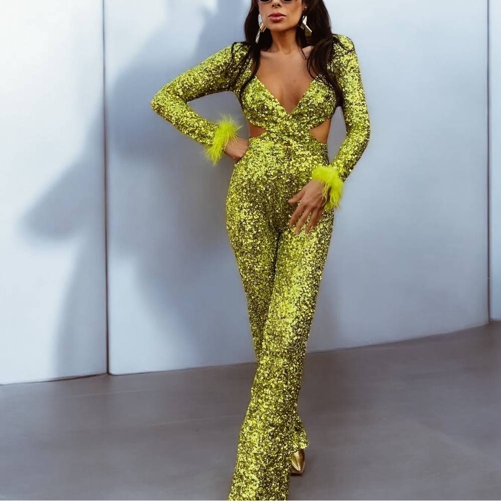 Green Disco Queen Festival Jumpsuit, Studio 54 Jumpsuit, Flared Leg Jumpsuit - Picture 8 of 10